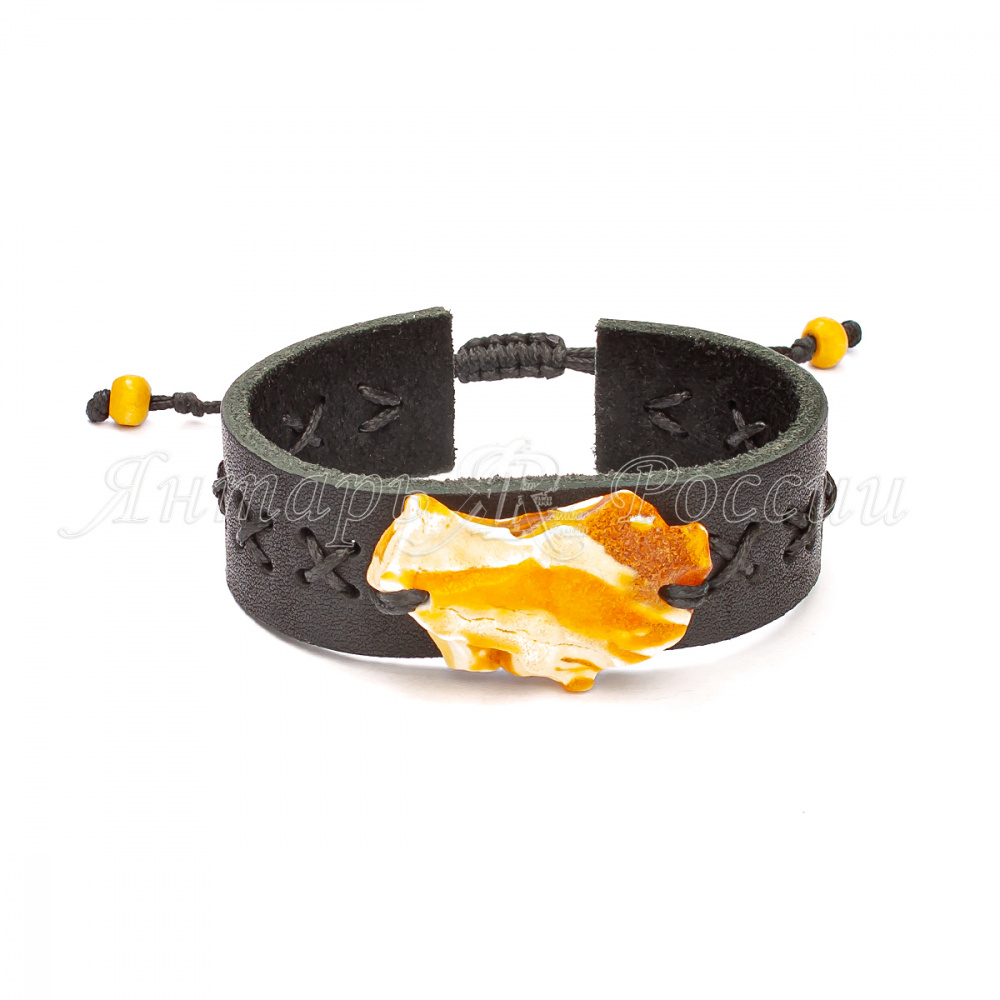 Браслет кожа  Янтарь